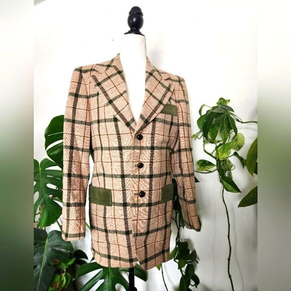 Vintage Virgin Wool 60s 70s Plaid Ladies Blazer Jacket Elbow Patches Designer Eq - Picture 1 of 14
